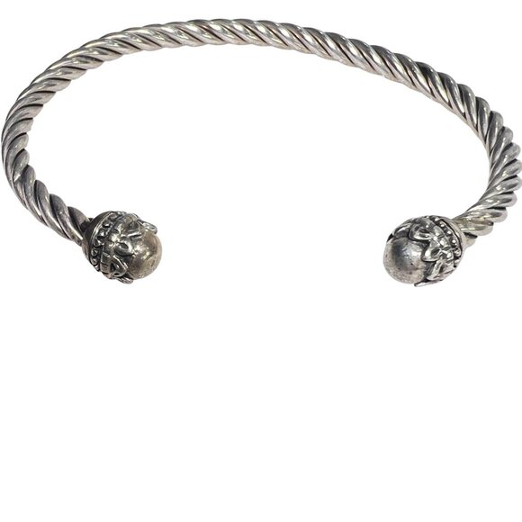 Silver 925 Twisted Rope Open Cuff Bracelet Ornate End Caps Unisex 7.25" diameter - Picture 1 of 7